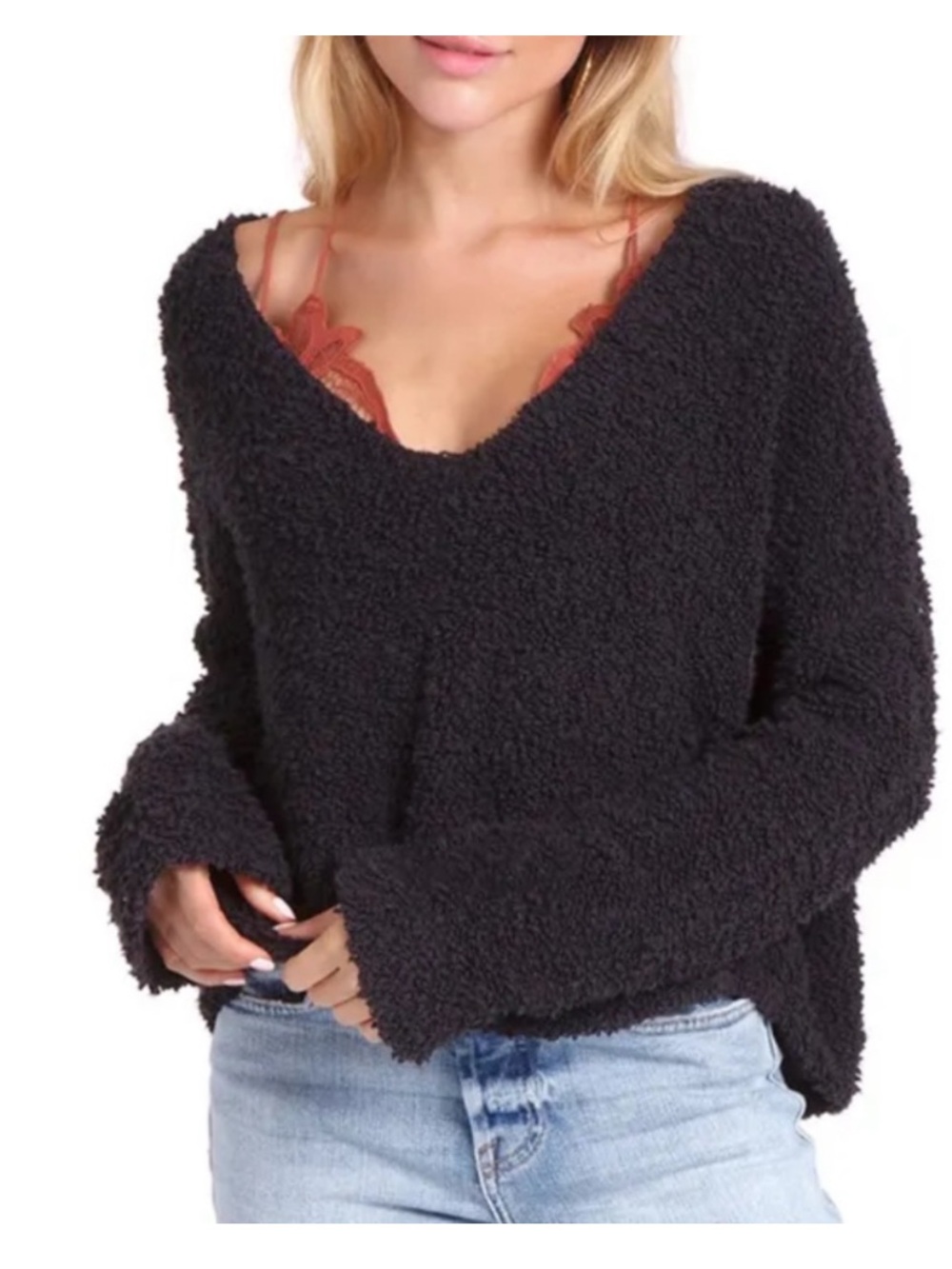 Free People Black textured vneck oversized sweater Small